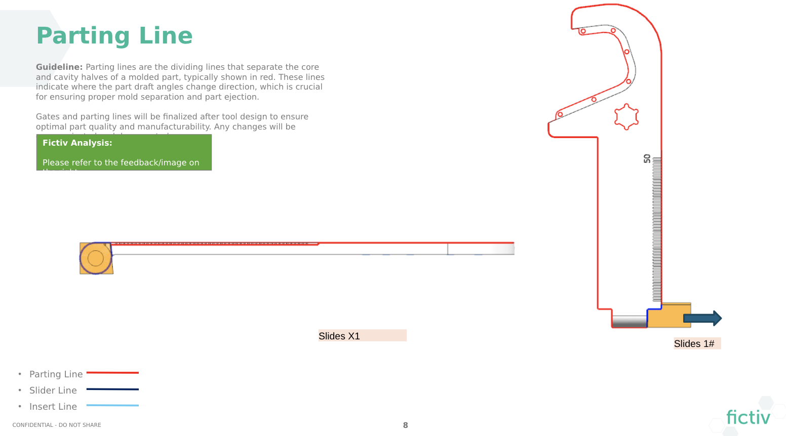 DFM showing parting line with slide location.