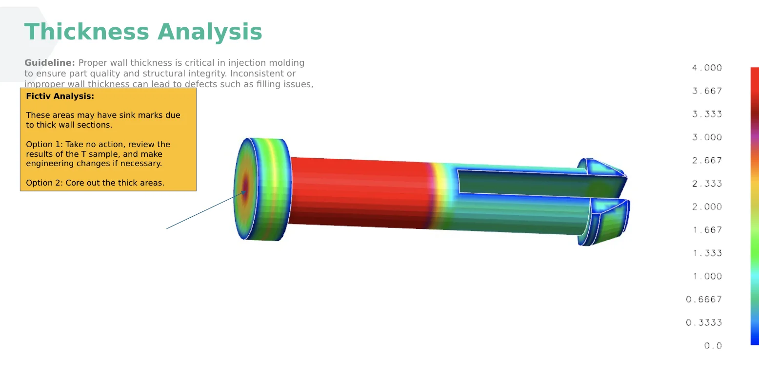 Fictiv DFM thickness analysis - Fictiv Thickness analysis of a snap-fit pin part.