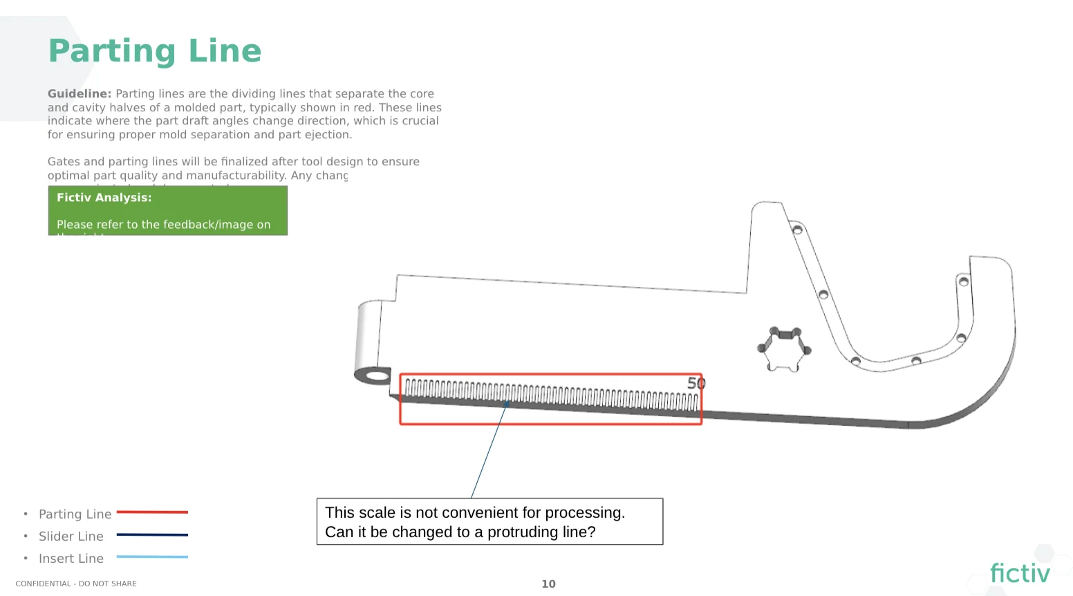 Screenshot 2025-07-07 at 12.28.53 PM.png - Fictiv DFM showing parting line issue with thin steel for millimeter markings.