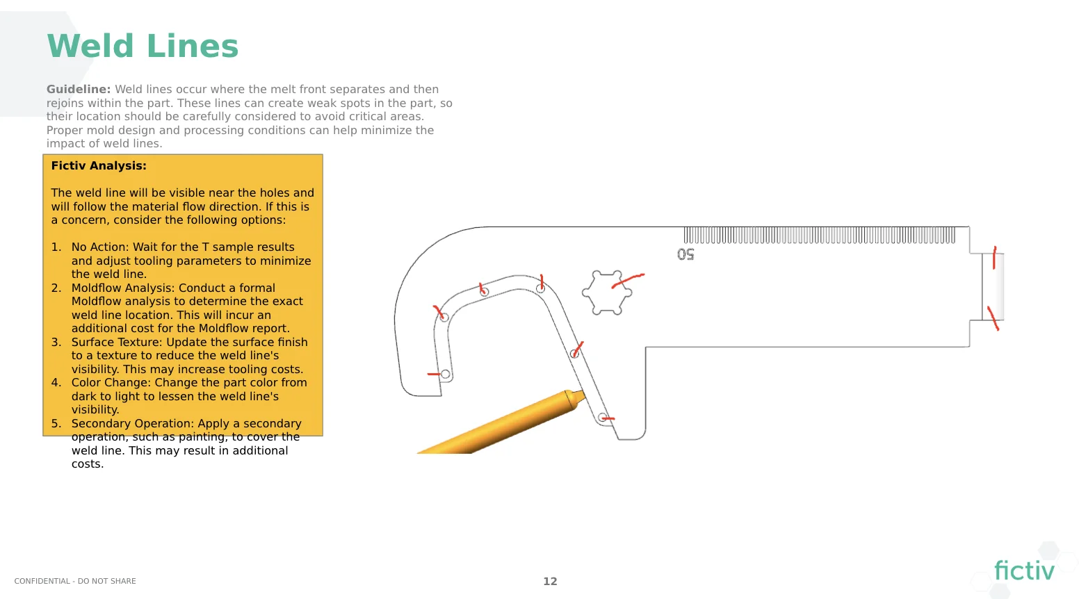 Fictiv DFM weld lines - Fictiv Weld lines sketched on DFM slide.