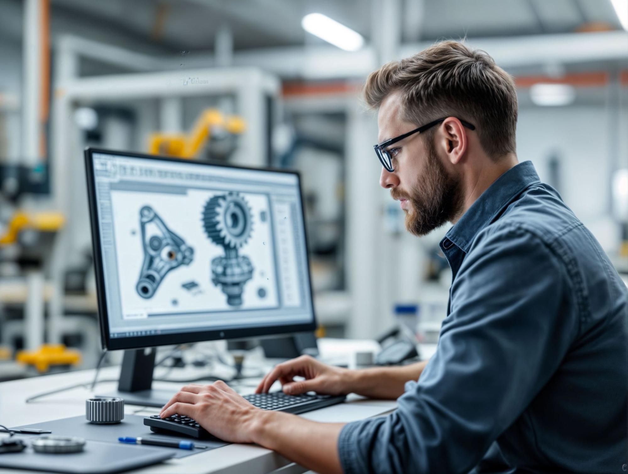 Engineer designing for a complex assembly with CAD software.