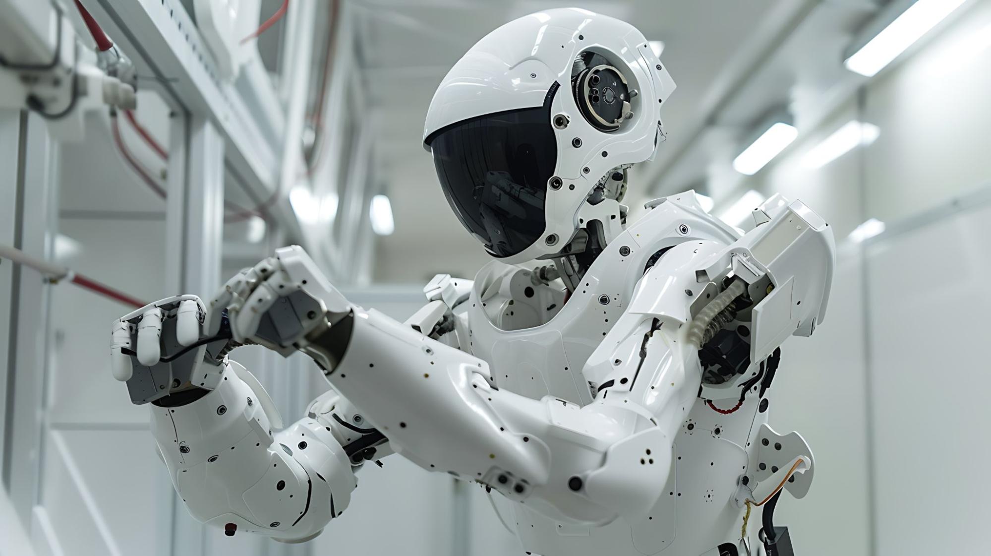 A humanoid robot shows its dexterity by handling a part off the assembly line.