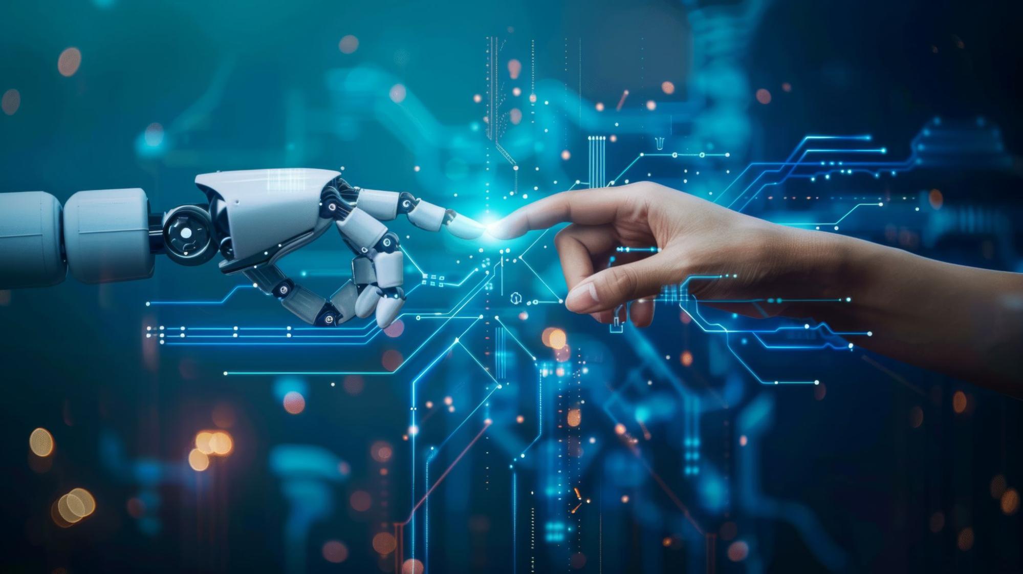 Human and aa robotic humanoid collaborating.