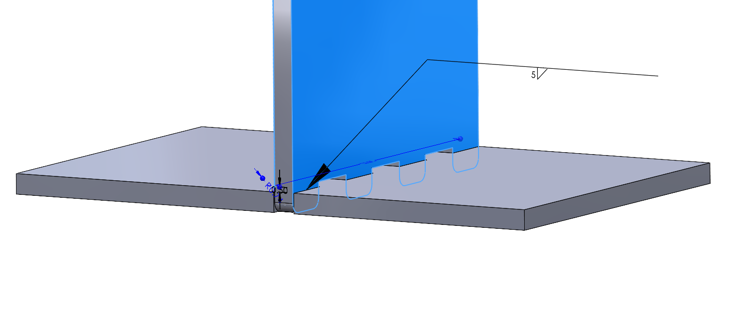 Image showing rounded tab and slot feature for sheet metal with weld symbol