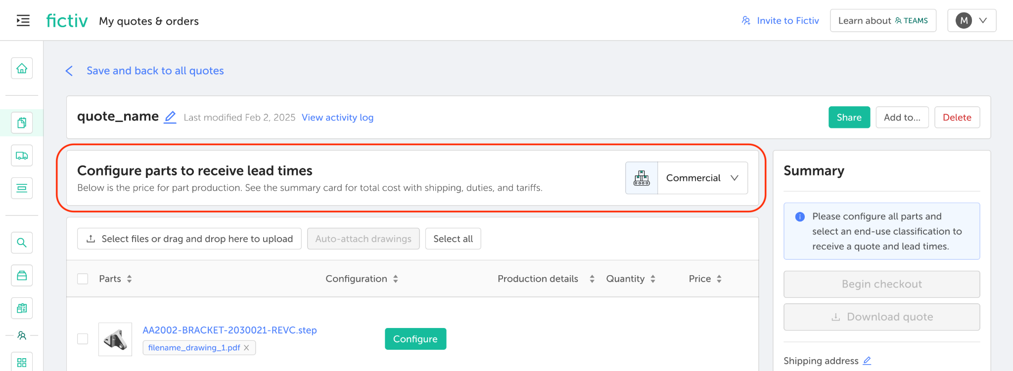 Fictiv platform showing a prompt to configure parts.