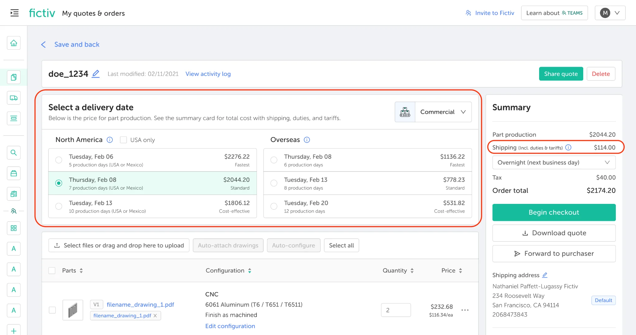 unnamed-2 - Fictiv Fictiv platform showing delivery date selection and shipping including total landed cost.