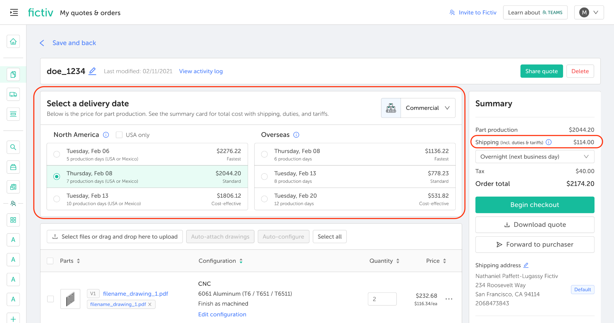 Fictiv platform showing delivery date selection and shipping including total landed cost.