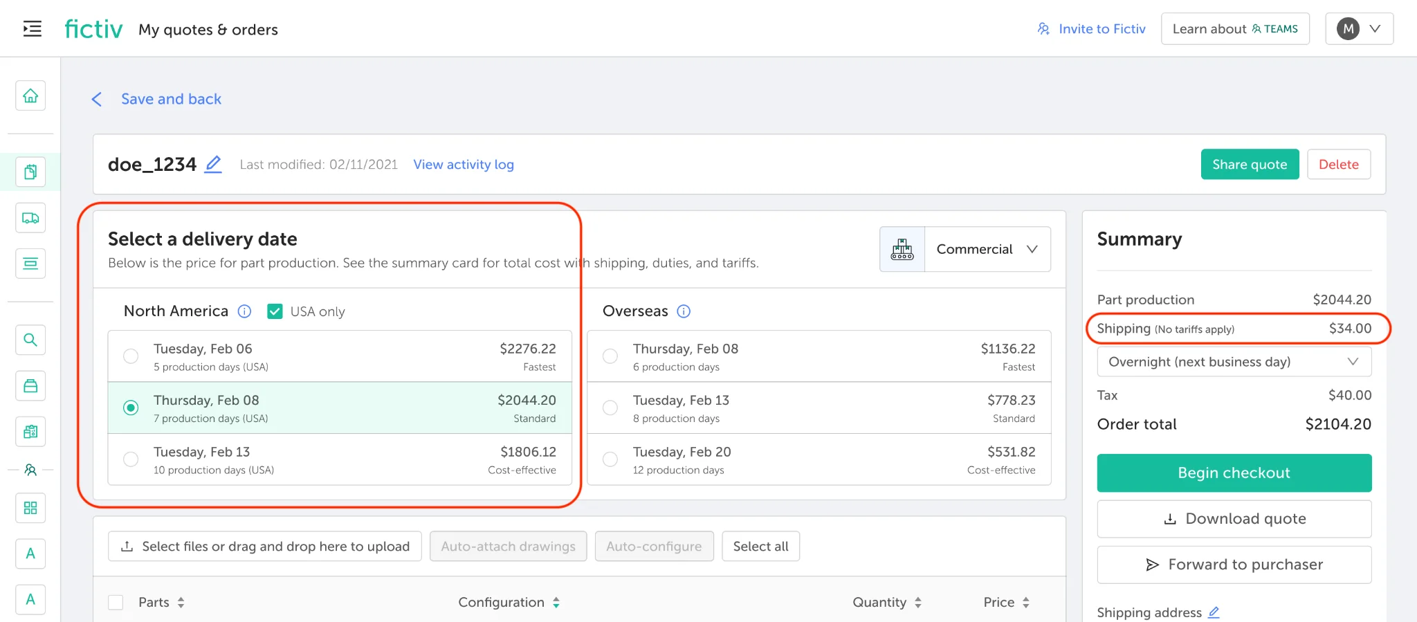 unnamed-3 - Fictiv Fictiv platform showing domestic shipping with no tariffs applied.