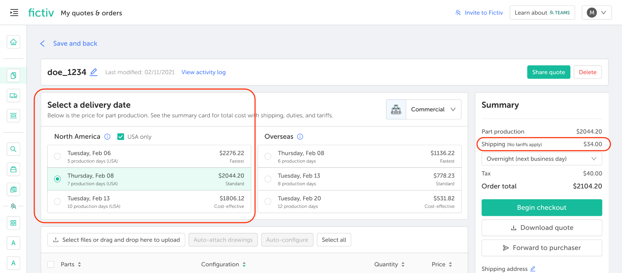 Fictiv platform showing domestic shipping with no tariffs applied.
