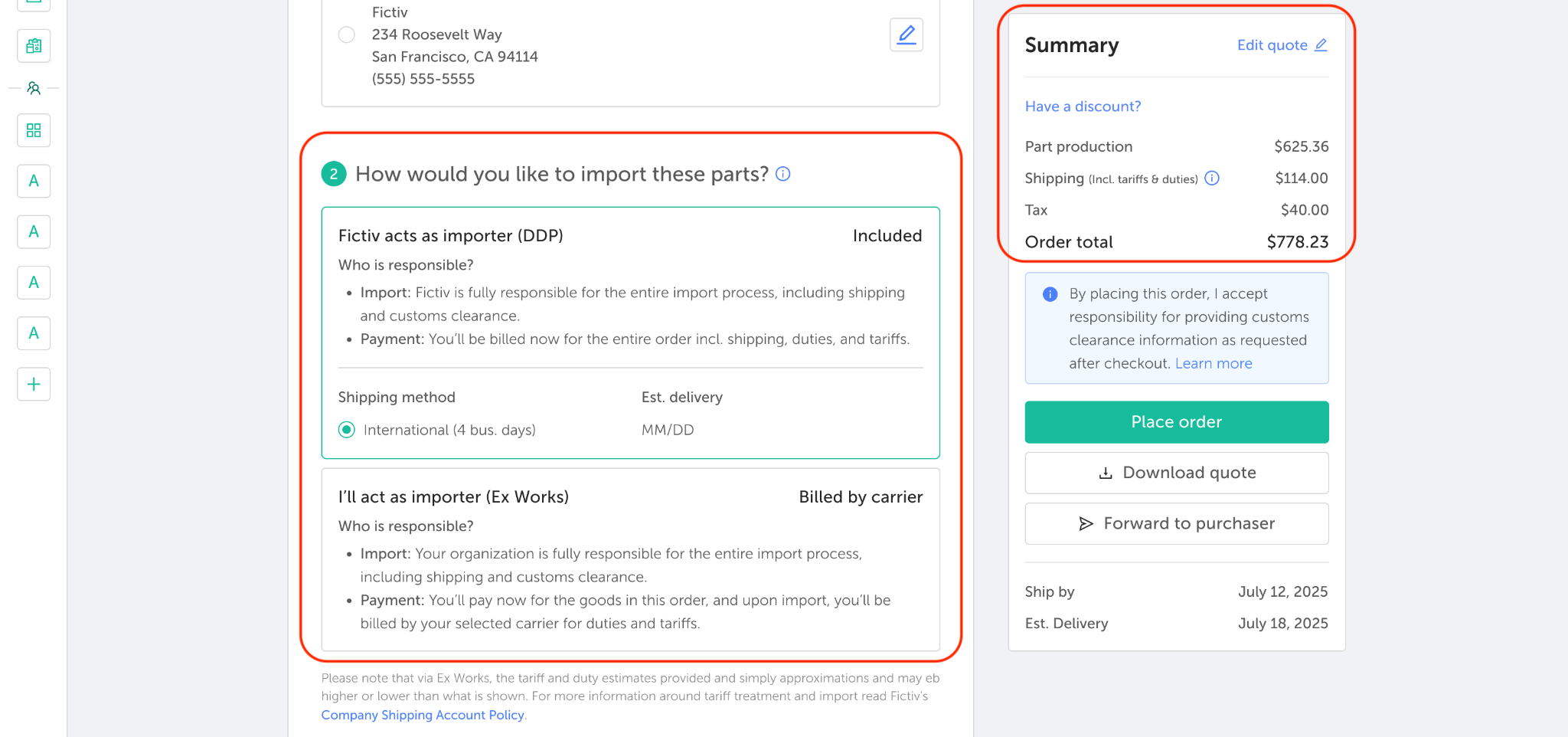 Fictiv platform showing DDP vs. Ex Works importer selection.