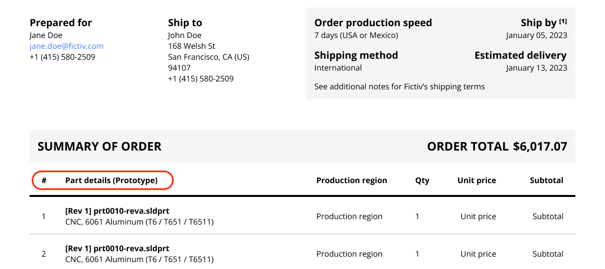 Fictiv Order Summary PDF showing prototype part details.