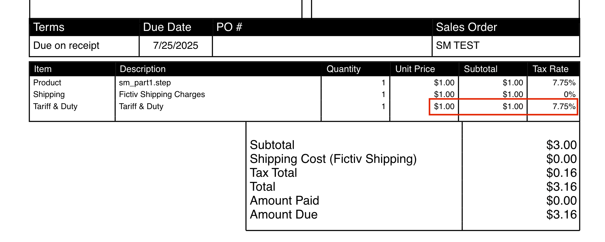 Fictiv Customer Invoice.