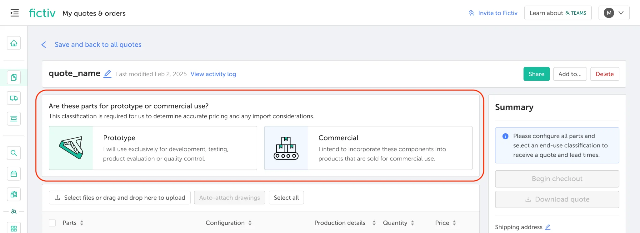 unnamed - Fictiv Fictiv platform end-use selection prompt (Prototype or Commercial) required to view pricing.
