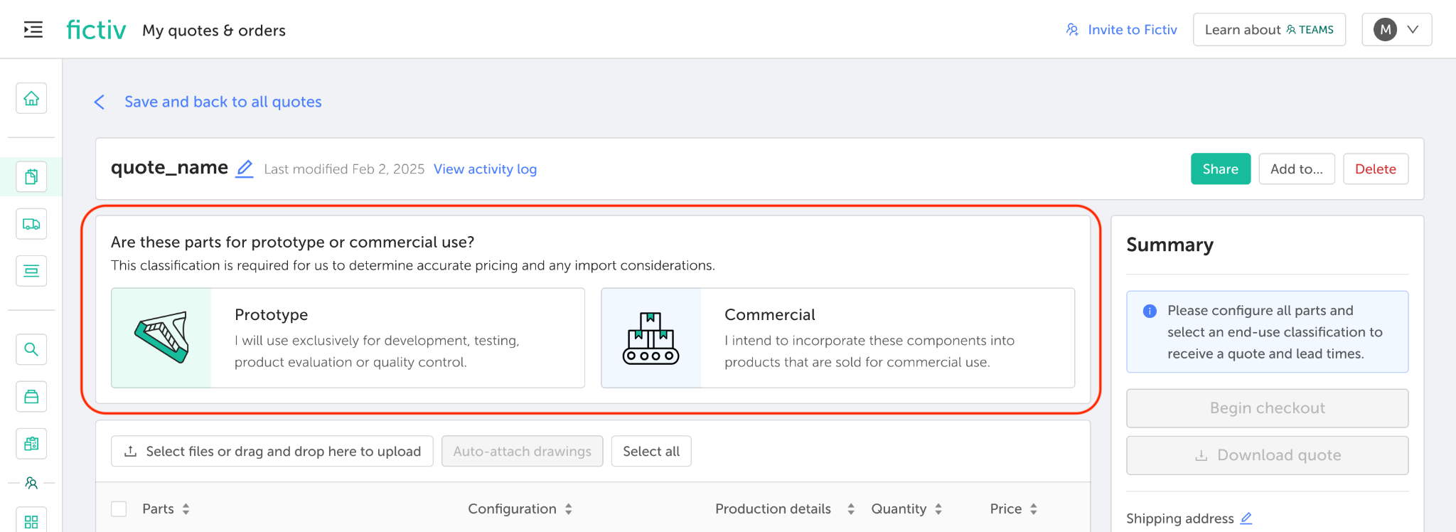Fictiv platform end-use selection prompt (Prototype or Commercial) required to view pricing.