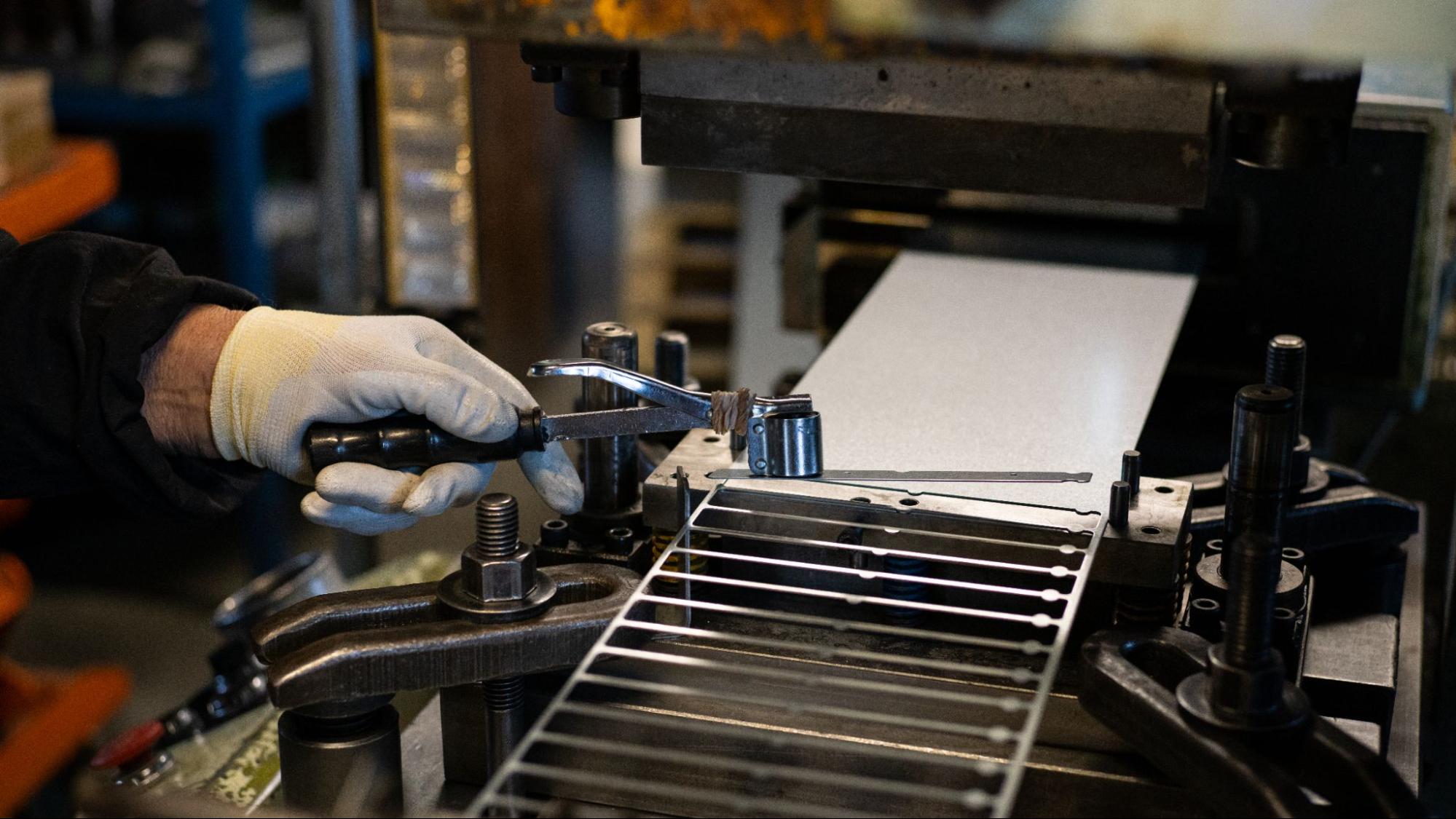 Thin metal parts made with a stamping tool.
