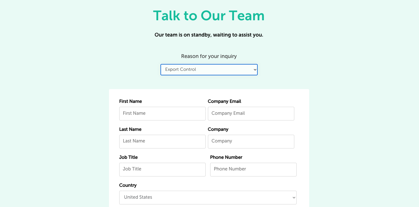 Screenshot 2026-02-27 at 115544 AM - Fictiv Export Control Project Request Form on the Fictiv website Contact Page