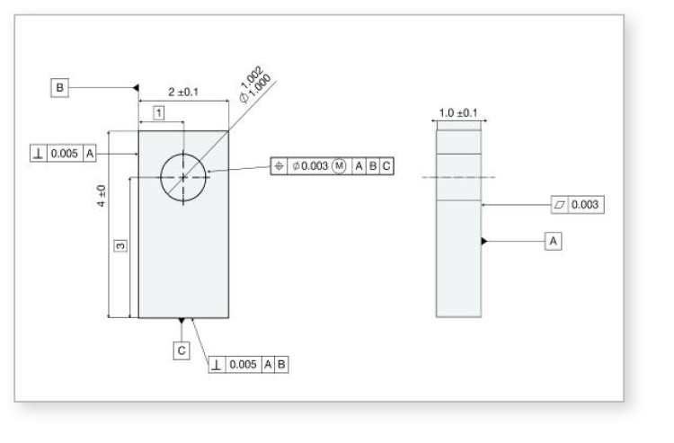 An engineering drawing showing dimensional and geometric tolerances