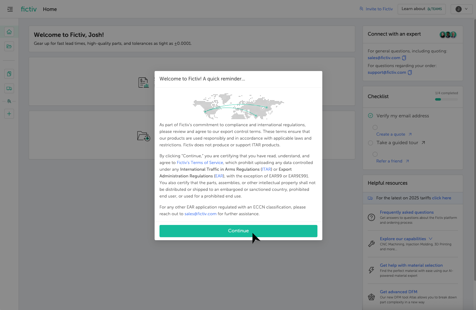unnamed - Fictiv Export Control Terms of Service consent window in the Fictiv platform