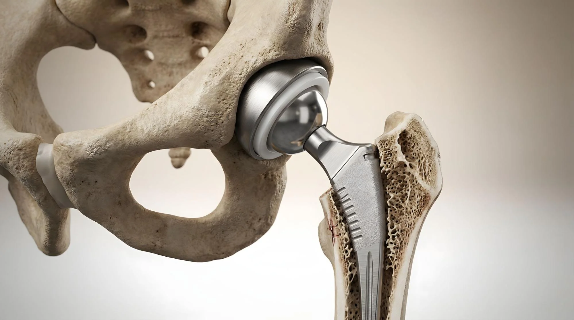 Prosthetic hip joint - Fictiv Prosthetic hip joint highlighting metal and plastic materials.