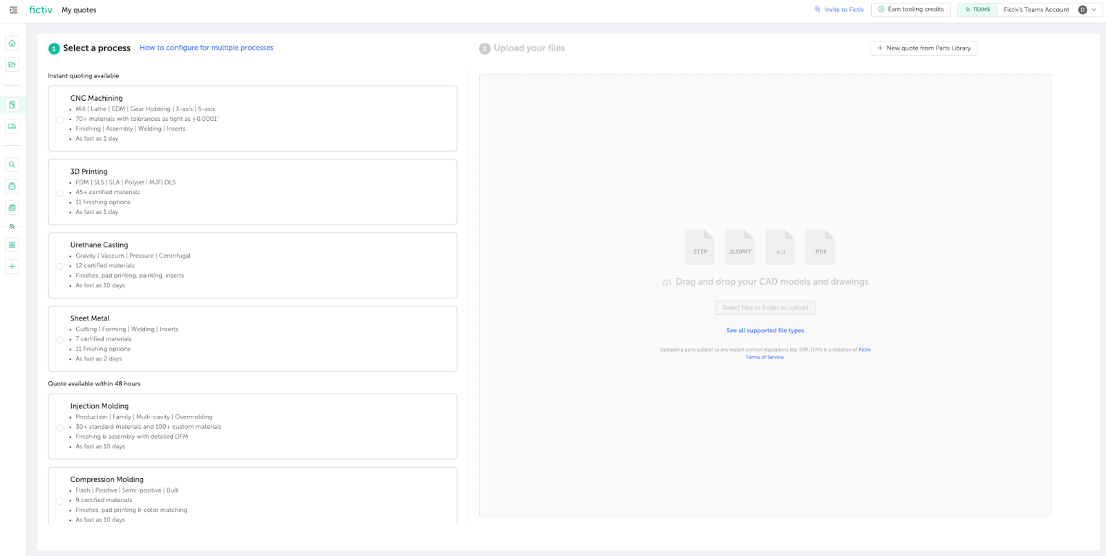 Manufacturing processes for quoting on the Fictiv platform.