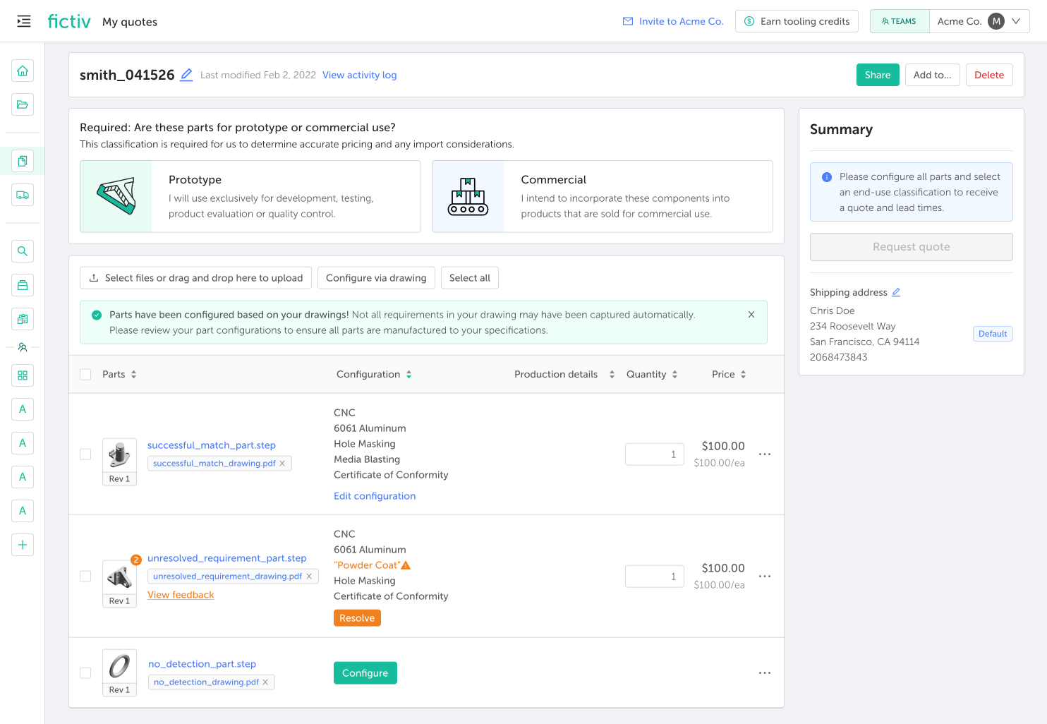 image - Fictiv Success alerts next to uploaded parts in the Fictiv platform.