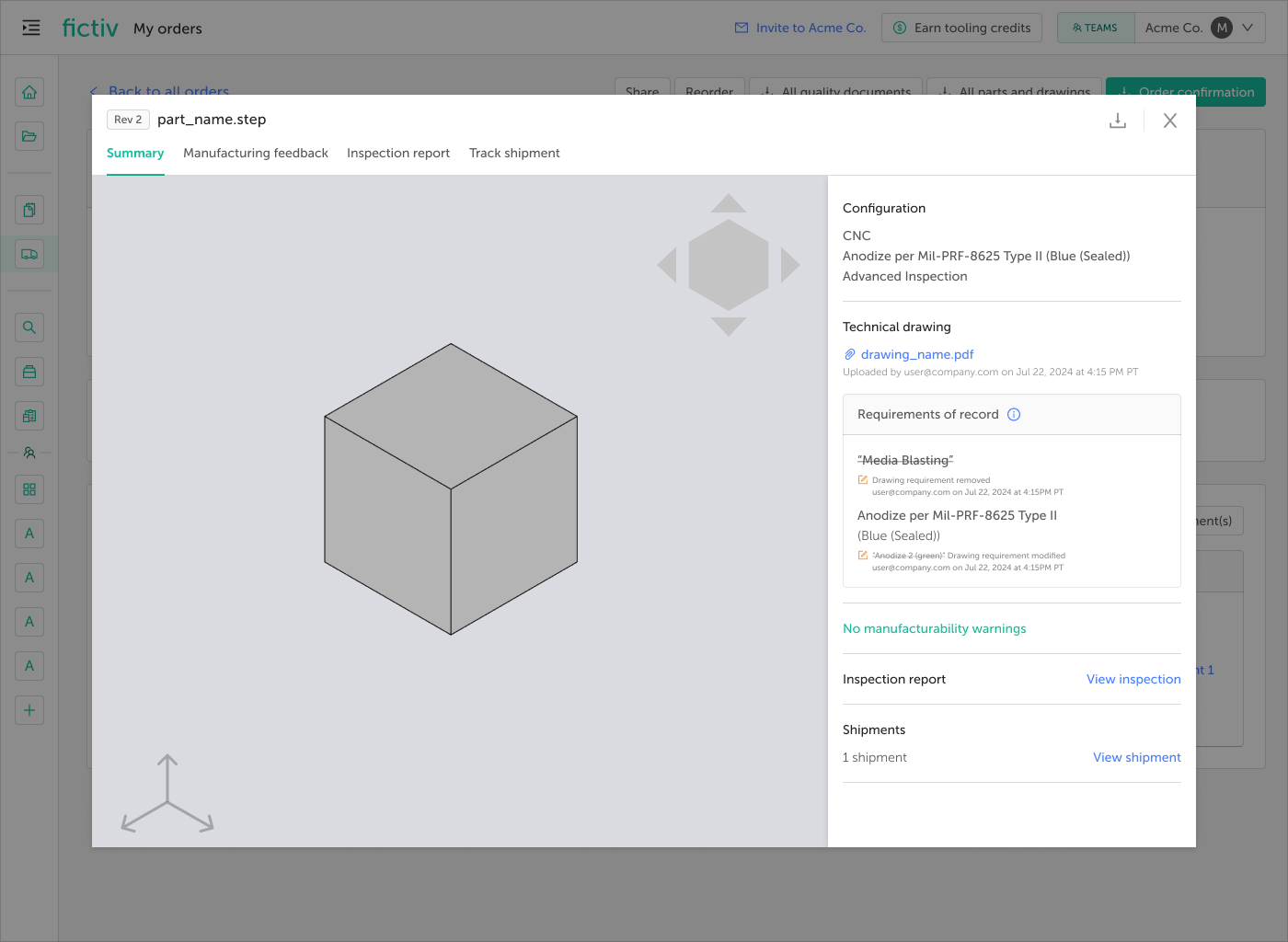 image - Fictiv Viewing part details post-sale in the Fictiv platform.