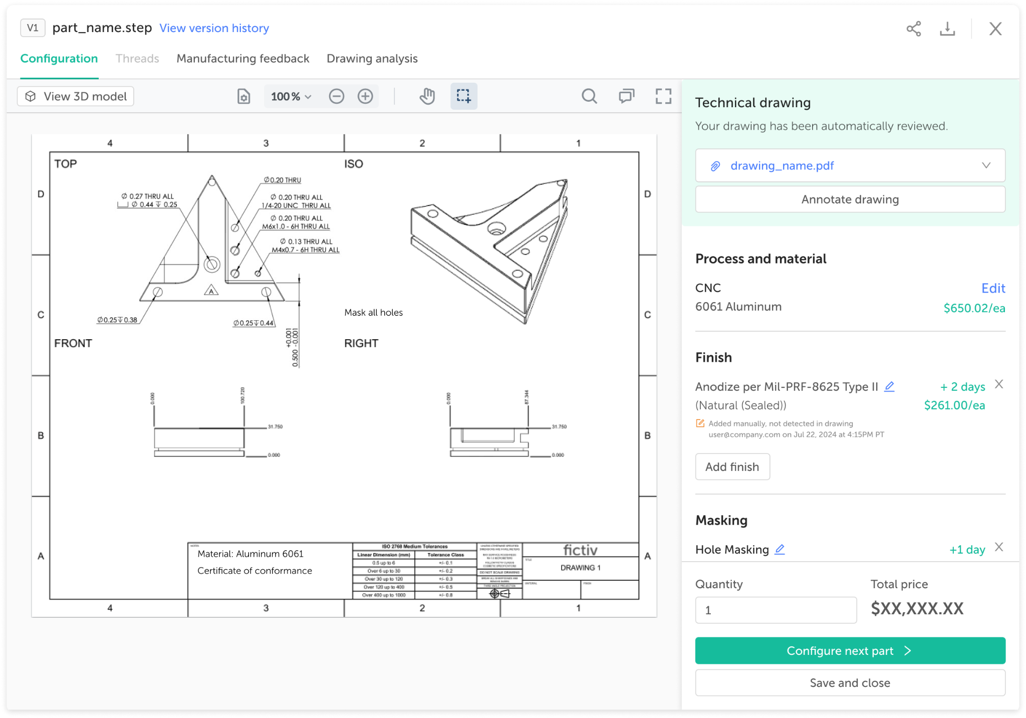 image - Fictiv Modifying drawing requirements in the Fictiv platform.