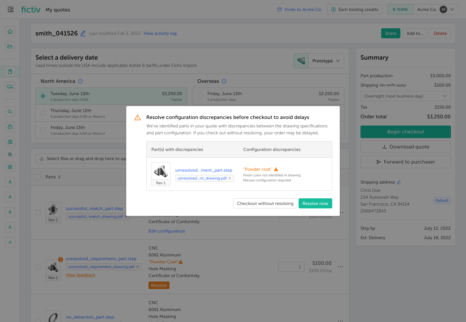image - Fictiv Resolving configuration discrepancies before checkout in the Fictiv platform.