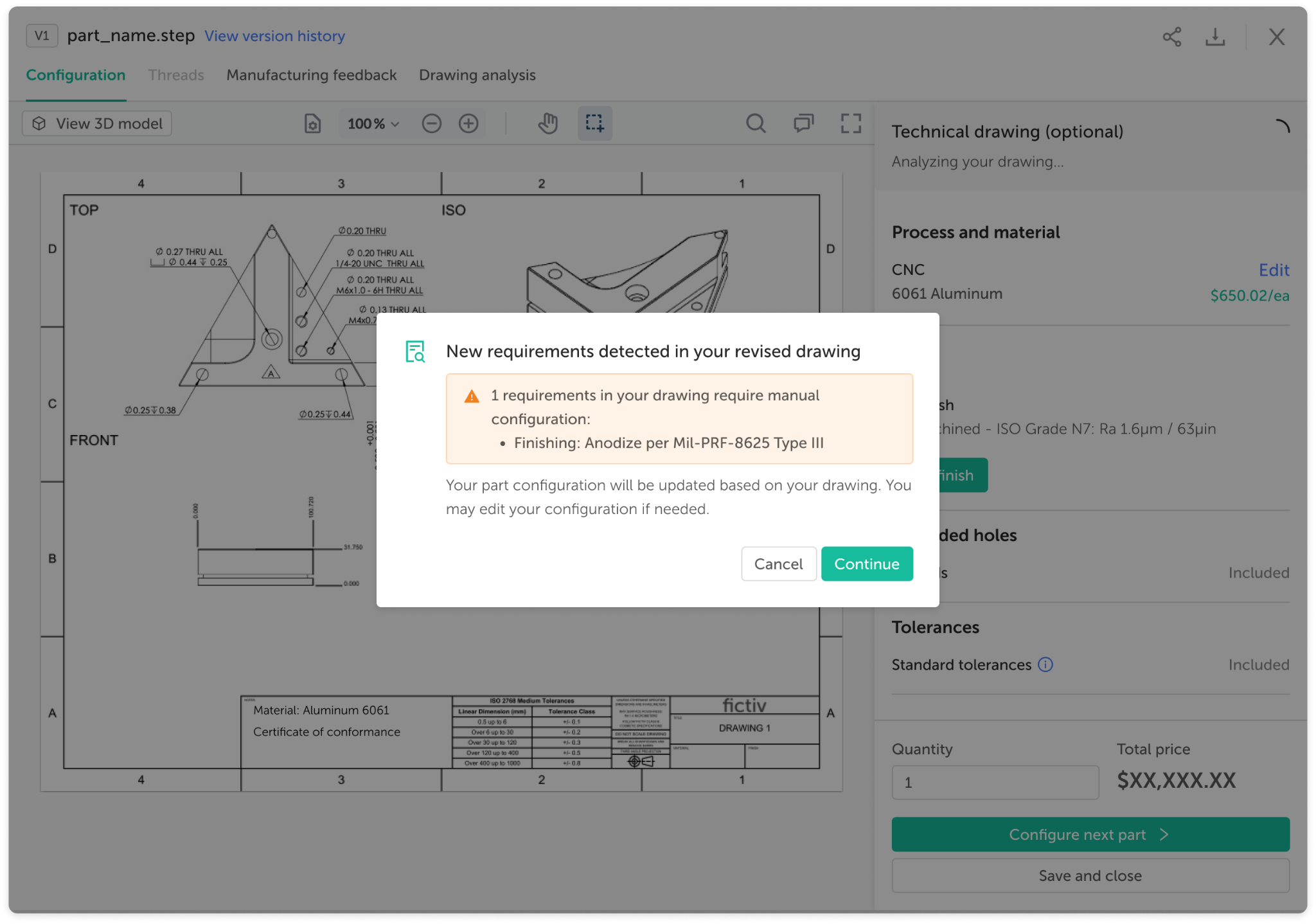 image - Fictiv Manual configuration alert in the Fictiv platform.