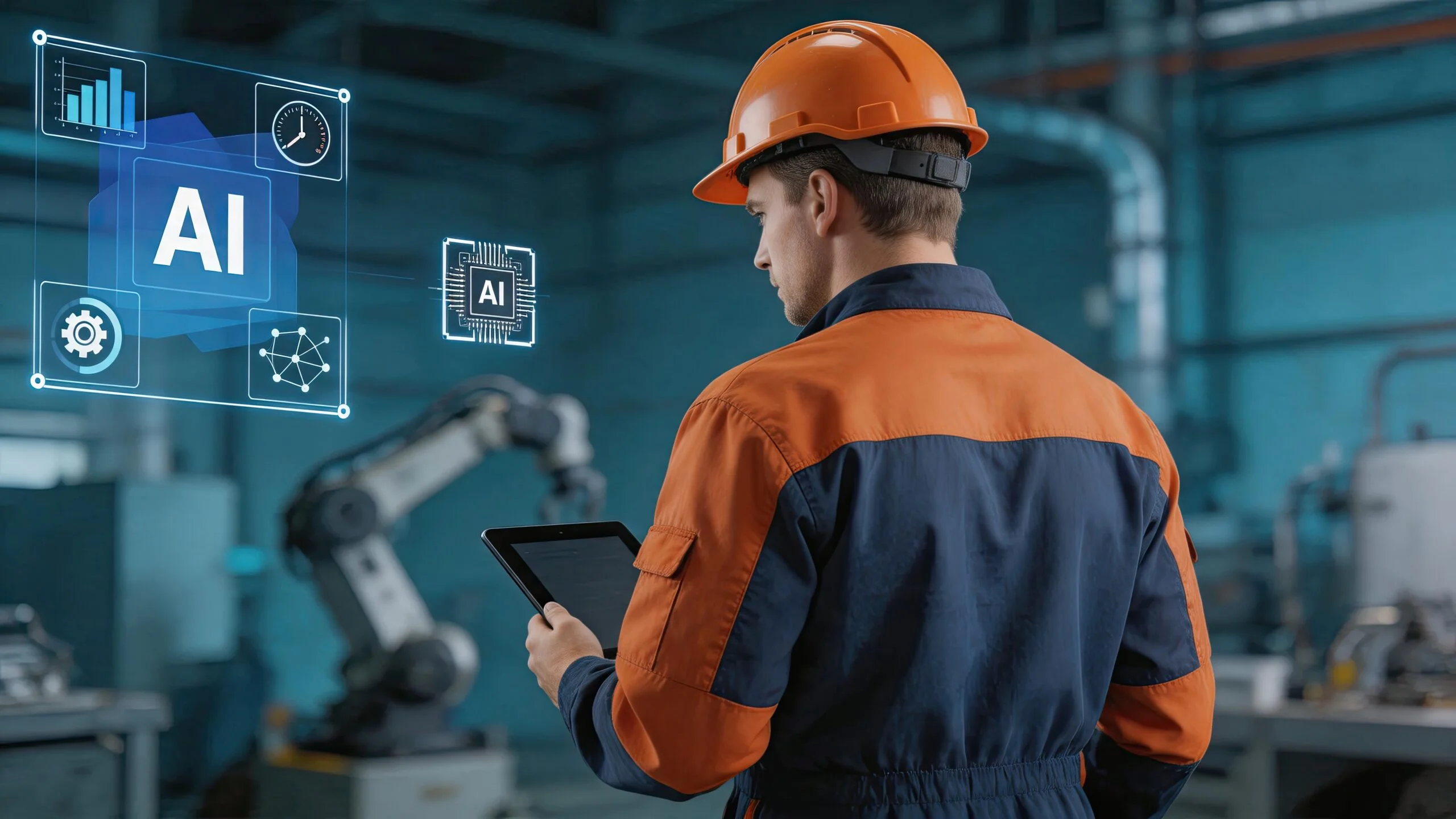 Industrial engineer monitoring AI powered robotic arm in smart factory using tablet for automation control and manufacturing process optimization with augmented reality graphics - Fictiv AI-driven digital manufacturing