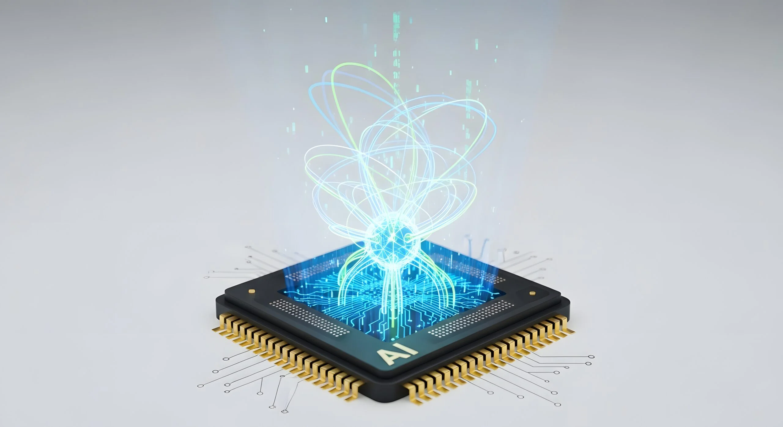 Microchip with glowing energy emanating representing artificial intelligence and technological advancement - Fictiv AI-powered digital manufacturing