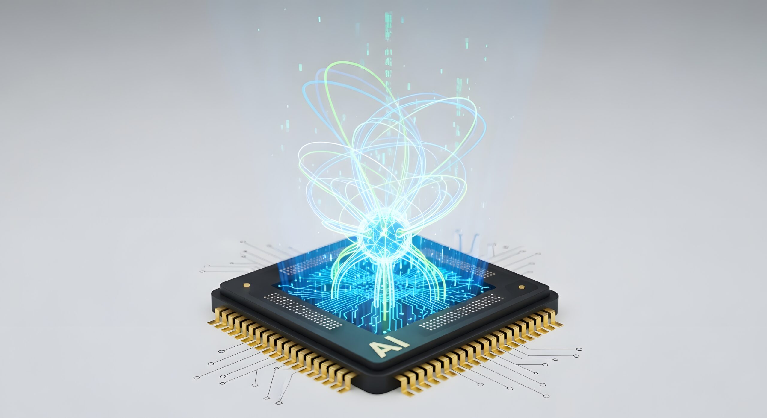 Microchip with glowing energy emanating representing artificial intelligence and technological advancement - Fictiv AI-powered digital manufacturing