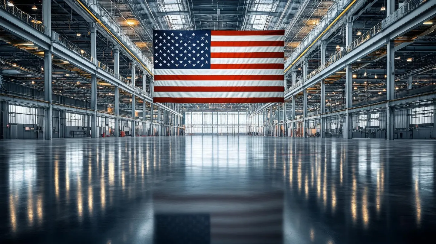 Large industrial hangar with a gigantic American flag suspended overhead, reflecting on the polished floor.
