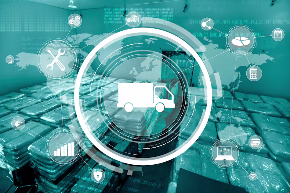 Central white truck icon surrounded by circular digital interfaces over a blue-toned warehouse, illustrating smart logistics tech.