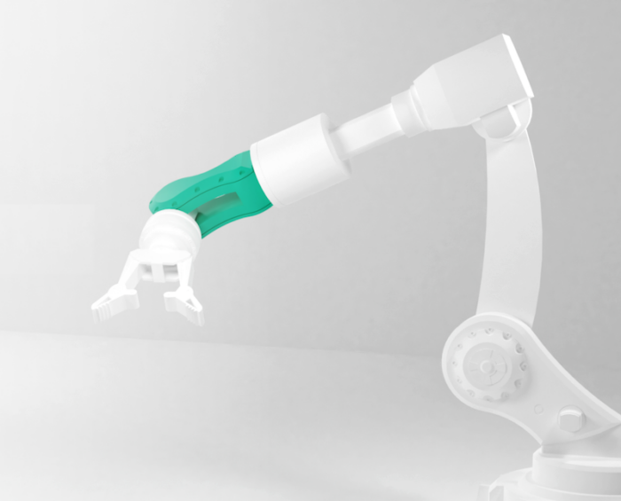 Robotic arm with a teal elbow holding a white gripper at its end-effector.