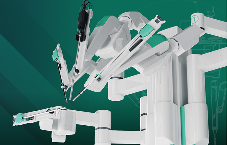Medical robotic surgical system with multiple precision instruments extended from a white robotic arm against a green background, illustrating advanced minimally invasive surgery.