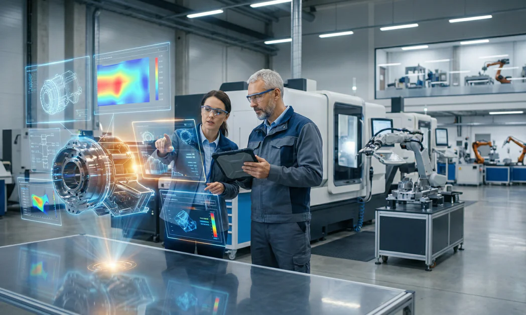 Two engineers in safety glasses study holographic blueprints and data projections around a large machine in a modern factory.