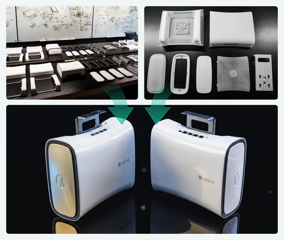 Concept collage showing modular parts and two finished AirVine devices: exploded view of components above two assembled portable purifiers below, with arrows linking them to assembly.
