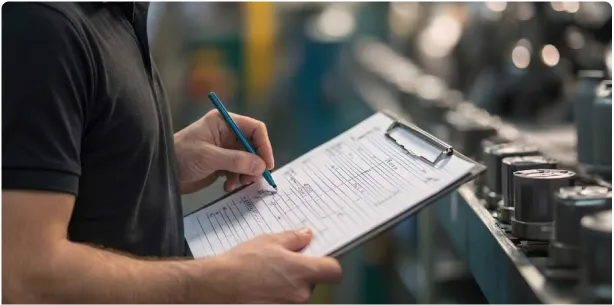 Worker in a black shirt writes on a clipboard in a factory setting with machinery in the background, documenting observations.