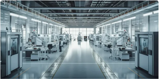 Industrial factory floor with rows of robotic arms and automated machines in a bright, modern facility.