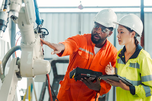 Two factory workers in hard hats and high‑visibility coveralls inspect a robotic arm, one pointing at the machine while the other takes notes on a clipboard.