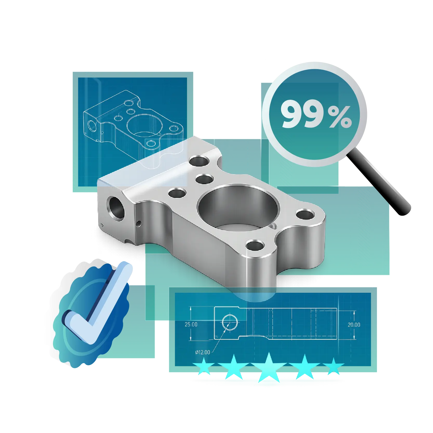 Industrial parts over blueprint drawings with a magnifier showing 99% and a 5-star rating, symbolizing high-quality engineering nearby.