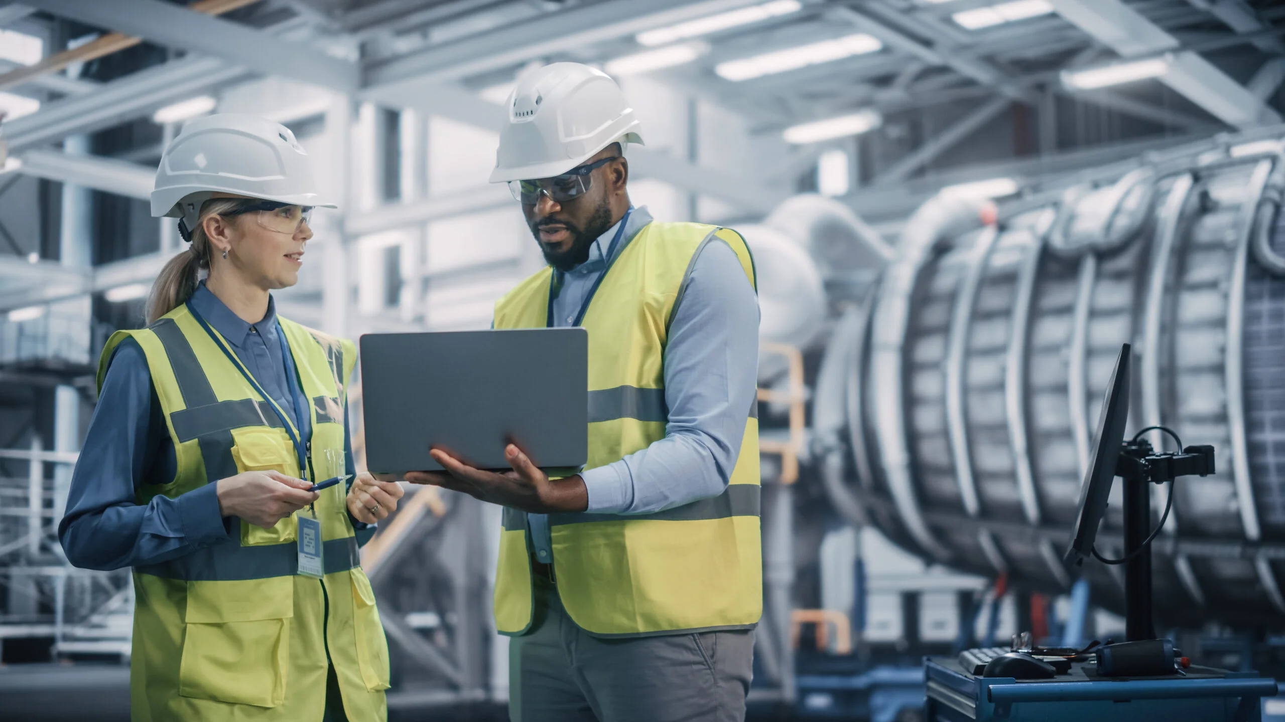 Two Diverse Professional Heavy Industry Engineers Wearing Safety Uniform and Hard Hats Working on Laptop Computer African American Technician and Female Worker Talking on a Meeting in a Factory - Fictiv Two factory workers reviewing quality control in aerospace manufacturing plant