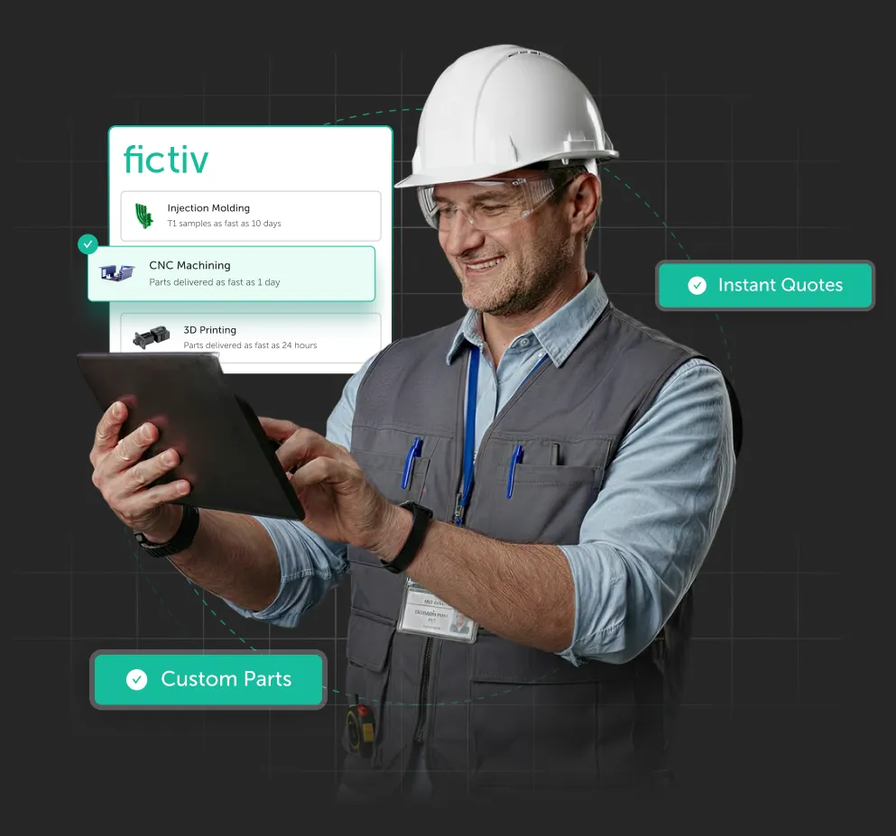 Fictiv manufacturing expert reviewing instant quotes for CNC machining, injection molding, and 3D printing
