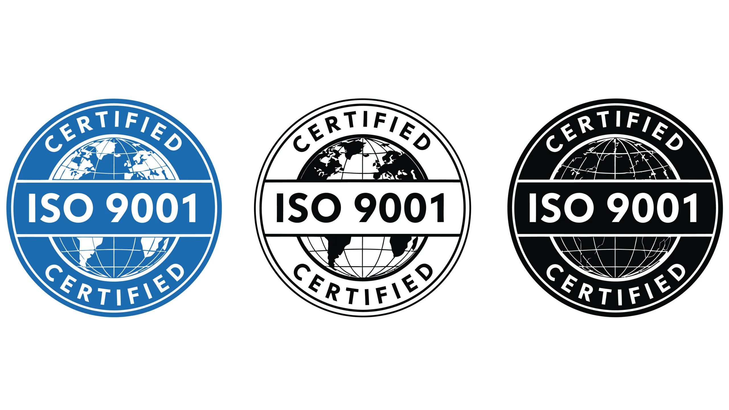 Three ISO 9001 certified emblems are displayed side by side - Fictiv Three ISO 9001 certified seals in blue, black outline, and black fill, showcasing global certification marks side by side.