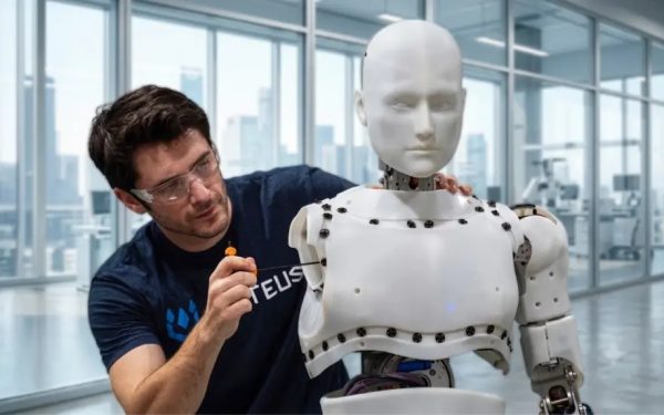 Male engineer wearing safety glasses adjusts a humanoid robot with orange tool in a bright, modern lab.