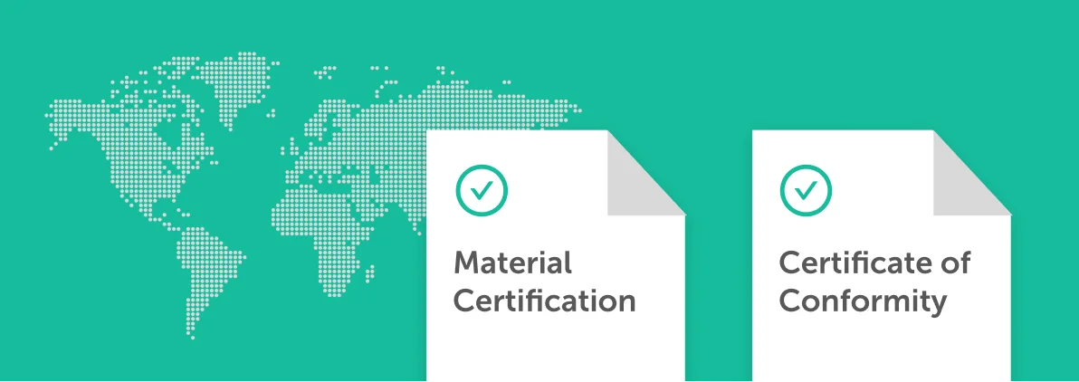 PrioritizeQuality_2x - Fictiv Teal background with a dotted world map and two white certificates labeled Material Certification and Certificate of Conformity with green checkmarks.