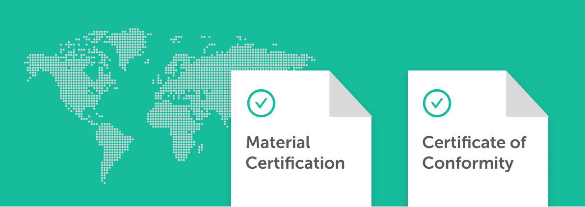 PrioritizeQuality_2x - Fictiv Teal background with a dotted world map and two white certificates labeled Material Certification and Certificate of Conformity with green checkmarks.