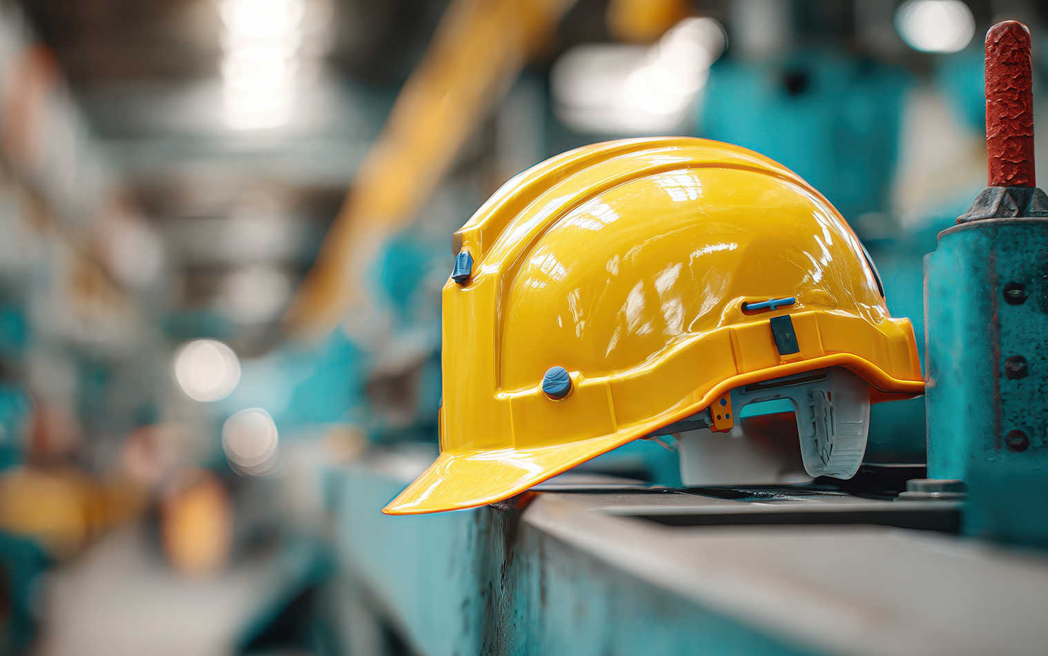 Yellow hard hat resting on a blue industrial railing in a factory setting, with blurred machinery in the background.