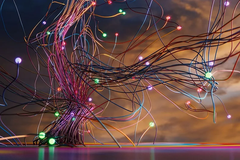 Colorful tangled wires with glowing LED lights against a dusky sky, creating an abstract neon display.